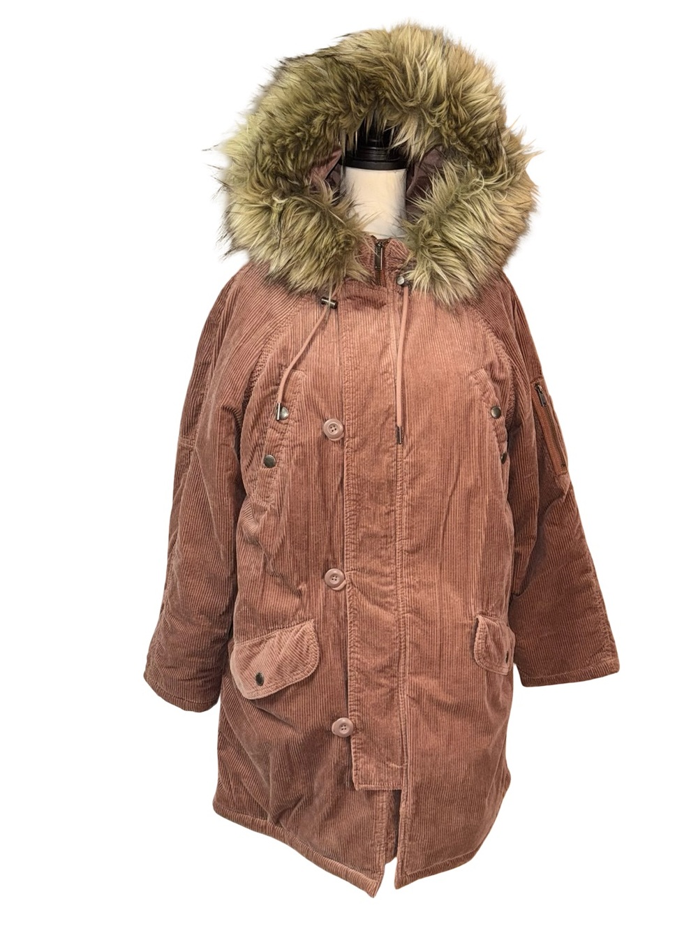 American Eagle Outfitters Dusty Rose Corduroy Puffer Parka Jacket Faux Fur Hood